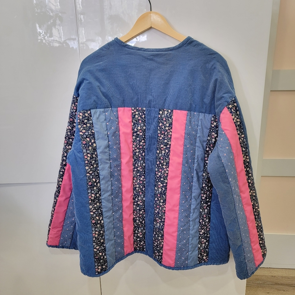 VTG Handmade Reversible Quilted Jacket Patchwork Corduroy Floral Blue Pink XXL - Picture 5 of 17